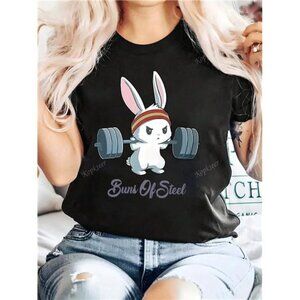 Women's Solid Color T-Shirt With Inspirational Rabbit Print, Casual Everyday